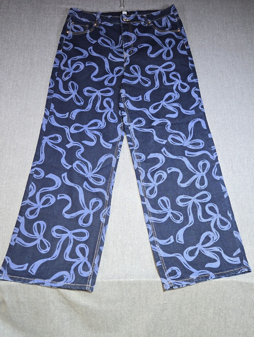 NWOT Madden NYC Womens Size 16 Bow Print Wide Leg Denim Jeans Dark Wash